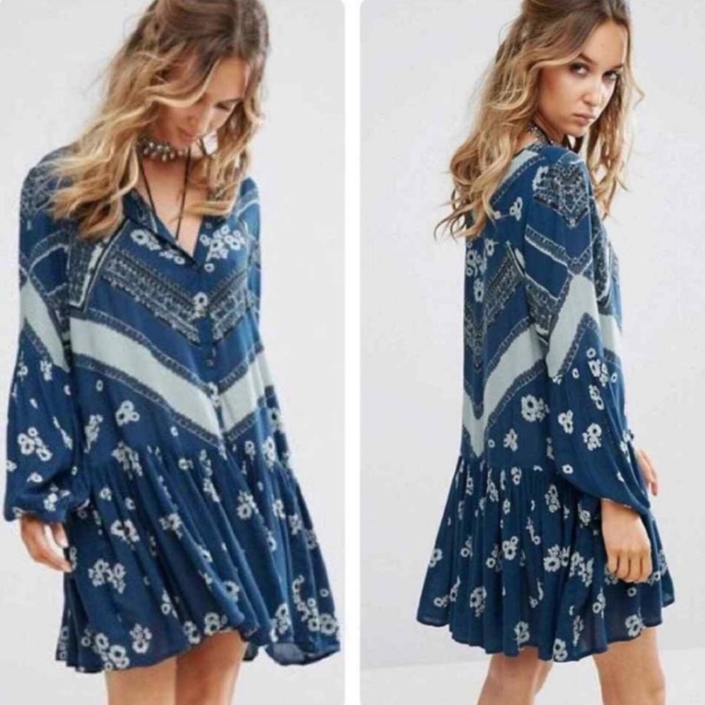 Free People From Your Heart Blue Flowy Long Sleeve Mini Dress Size Small